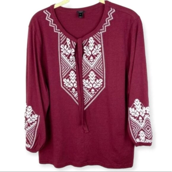 J. Crew Red Embroidered Tie-Neck Boho Top Size Small Hippie Peasant Blouse Bell - Picture 2 of 7